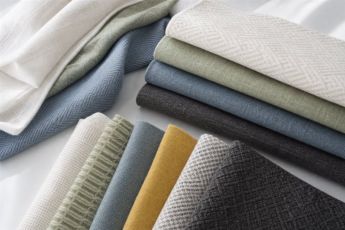 Home textile fabric swatches in varied woven textures